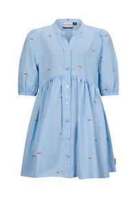 Helles blaues Baumwollkleid mit kurzen Puffärmeln, Knopfleiste und floralen Stickdetails. Das Kleid hat einen taillierten Oberkörper und einen ausgestellten Rock.
