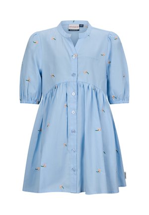 Helles blaues Baumwollkleid mit kurzen Puffärmeln, Knopfleiste und floralen Stickdetails. Das Kleid hat einen taillierten Oberkörper und einen ausgestellten Rock.