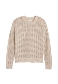 Maglione beige lavorato a maglia con maniche lunghe e scollatura rotonda, caratterizzato da un delicato motivo ad intaglio e polsini e orlo a costine.