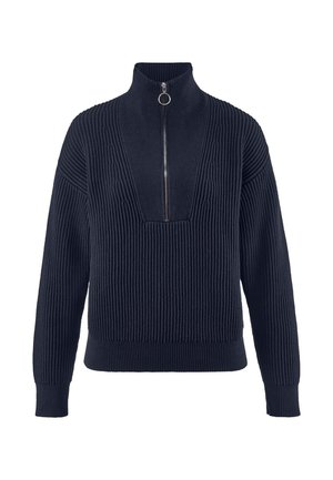 Marineblauwe ribgebreide trui met lange mouwen, hoge kraag en een zilveren ritssluiting aan de voorkant met een ronde trekker.