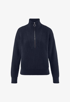 Marineblauer, gerippter Strickpullover mit langen Ärmeln, hohem Kragen und vorderem silbernem Reißverschluss mit rundem Zuganhänger.