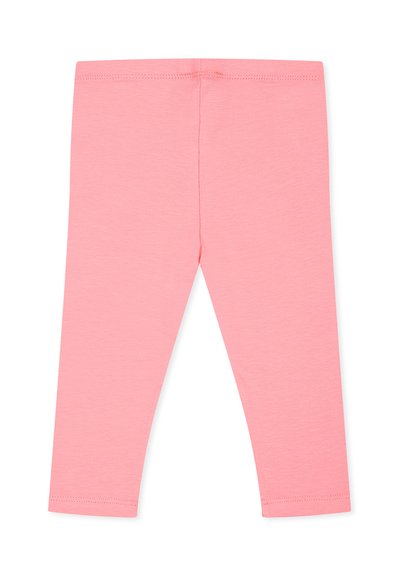 Leggings en coton roses, avec une coupe ajustée, longueur mi-mollet, et une taille élastique sans matériel ou embellissements visibles.