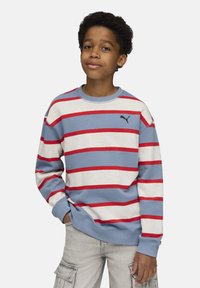 Sudadera a rayas azul y blanca con rayas rojas, que cuenta con un cuello redondo acanalado y un pequeño logo negro de Puma en el pecho.