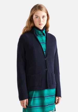 Giovane donna con lunghi capelli mossi che indossa un cardigan testurizzato blu navy su un vestito a righe verdi e blu navy con bottoni, in piedi su uno sfondo neutro.