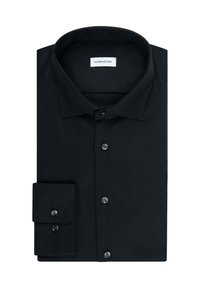Camicia da uomo nera con bottoni, realizzata in tessuto liscio; presenta un colletto classico, polsini a un bottone e due bottoni frontali. Etichetta: Seidensticker.