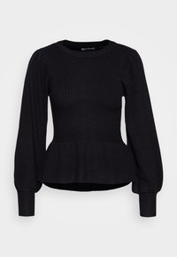 Pull noir côtelé avec manches longues bouffantes et ourlet péplum. La texture est douce, avec des lignes verticales et un col rond.