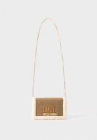 Brun og kremfarget faux fur og stoff crossover-veske med gull "LOVE MOSCHINO"-logo, med kjedehank og rektangulær fasong.