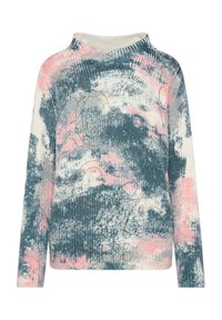 Maglione lavorato a maglia con collo alto, maniche lunghe e un motivo marmorizzato blu, rosa e bianco, arricchito da sottili accenti testuali.