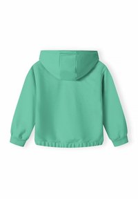 Sudadera verde menta con capucha, presenta mangas largas, puños acanalados y un cinturón. Textura suave con un diseño simple.