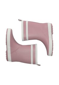 Vaaleanpunaiset kumisaappaat, joissa on valkoiset nauhat ylhäällä ja pohjassa. Suunnittelussa on pyöreä kärki ja teksturoitu pito pohjassa.