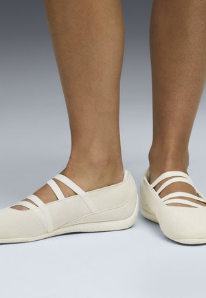 Jambes nues portant des chaussures sans lacets blanc cassé avec trois fines lanières croisées sur chaque pied, sur un fond gris neutre.