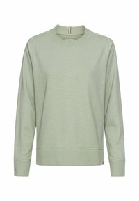 Lichtgroene sweatshirt met lange mouwen, ronde hals, ribgebreide manchetten en onderrand. Zachte textuur met subtiele kleurvariaties.