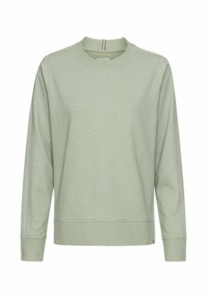 Light green sweatshirt with long sleeves, crew neckline, ribbed cuffs, and hem. Soft texture with subtle variation in color.