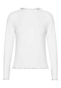 Vit långärmad topp i ribbad tyg. Har rund halsringning med en volangkant och volangärmar. Slät textur.