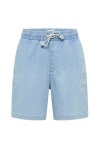 Pantalones cortos de mezclilla azul claro con cintura con cordón, bolsillos laterales y un ajuste relajado. Presenta líneas verticales sutiles en la tela.