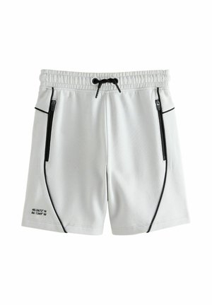 Light gray athletic shorts with black drawstring, black-zippered side pockets, black piping, and printed coordinates on the left leg hem.