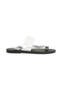 Silver flip-flop sandal with a flat black sole, featuring metallic straps and a transparent accent. Minimalist design and lightweight construction.