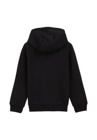 Črna kapuca s preprostim dizajnom, ki vključuje raglan rokave, rebraste manšete in rob. Narejena iz mehkega, teksturiranega materiala.