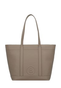 Borsa tote in pelle taupe con doppi manici e logo circolare in rilievo che presenta la lettera "B" sul pannello centrale anteriore.