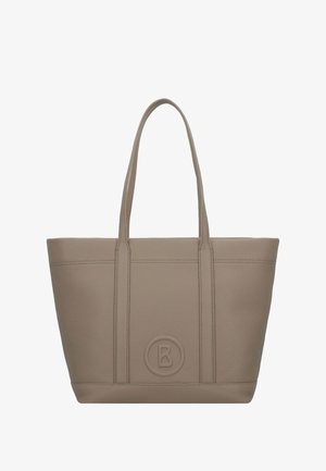 Torebka typu tote w kolorze taupe, wykonana ze skóry, z podwójnymi uchwytami i wytłoczoną okrągłą aplikacją z literą "B" na środkowej części przedniej.