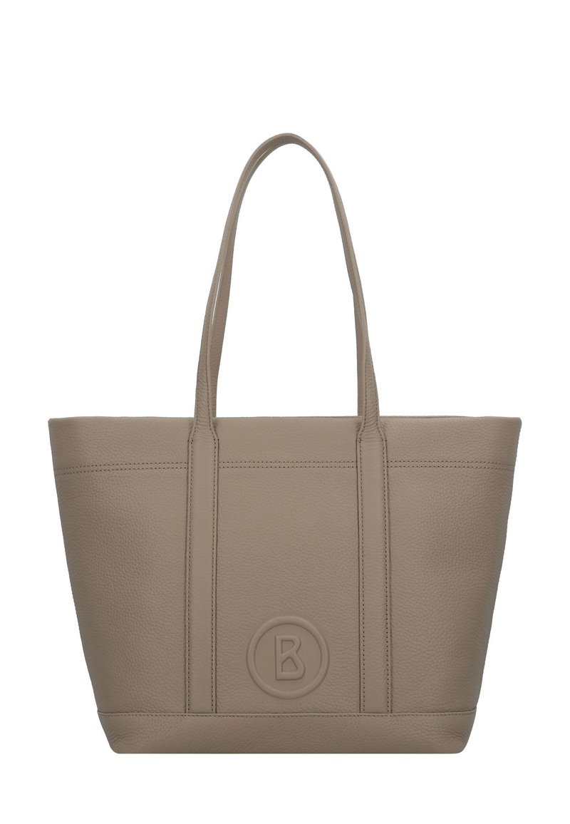 Borsa tote in pelle taupe con doppi manici e logo circolare in rilievo che presenta la lettera "B" sul pannello centrale anteriore.