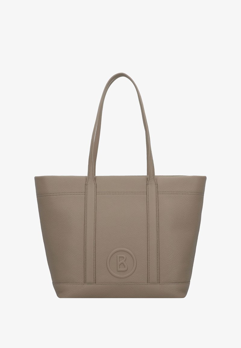 Taupe læder tote bag med dobbelte håndtag og præget cirkulært logo med bogstavet "B" på den forreste midterpanel.