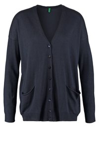 Mörk marinblå cardigan i mjukt material, med V-ringad hals, långa ärmar, knappstängning fram och två framfickor.