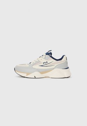 White and gray FILA sneaker with navy accents, mesh panels, and thick sole, shown from the outer side on a plain background.