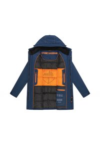 Zelena jakna z izolacijo v mornarsko modri barvi z oranžno in črno notranjostjo. Ima kapuco, zadrgo, več žepov in logotip na podlogi.