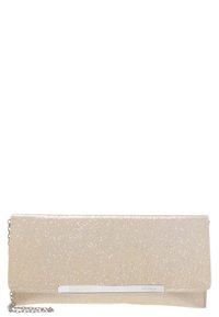 Kabelka na ruku s metalickým zlatým povrchem. Hladká textura, obdélníkový tvar, stříbrné kovové detaily a odnímatelný řetízek na rameno.