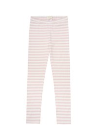 Legginsy w paski z miękkiej bawełny, z naprzemiennymi jasnoróżowymi i białymi poziomymi paskami, elastycznym pasem w talii i dopasowanym krojem.