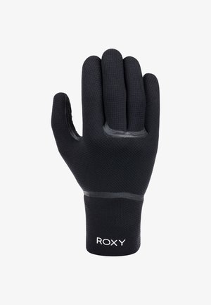 Zwarte handschoenen van textuurmateriaal hebben een strakke pasvorm met rubberen accenten en de merknaam "ROXY" op het polsgebied.