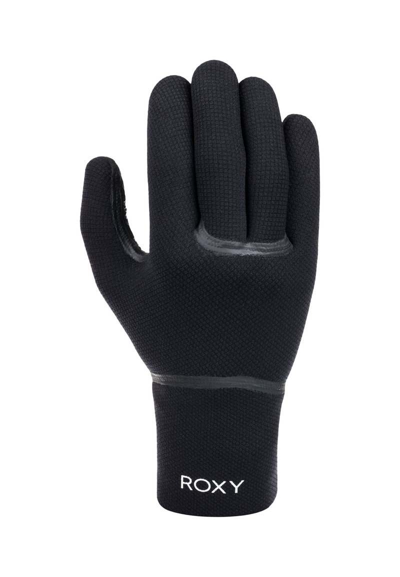 Čierne rukavice vyrobené z textúrovaného materiálu majú priliehavý strih s gumenými akcentmi a názvom značky "ROXY" na oblasti zápästia.