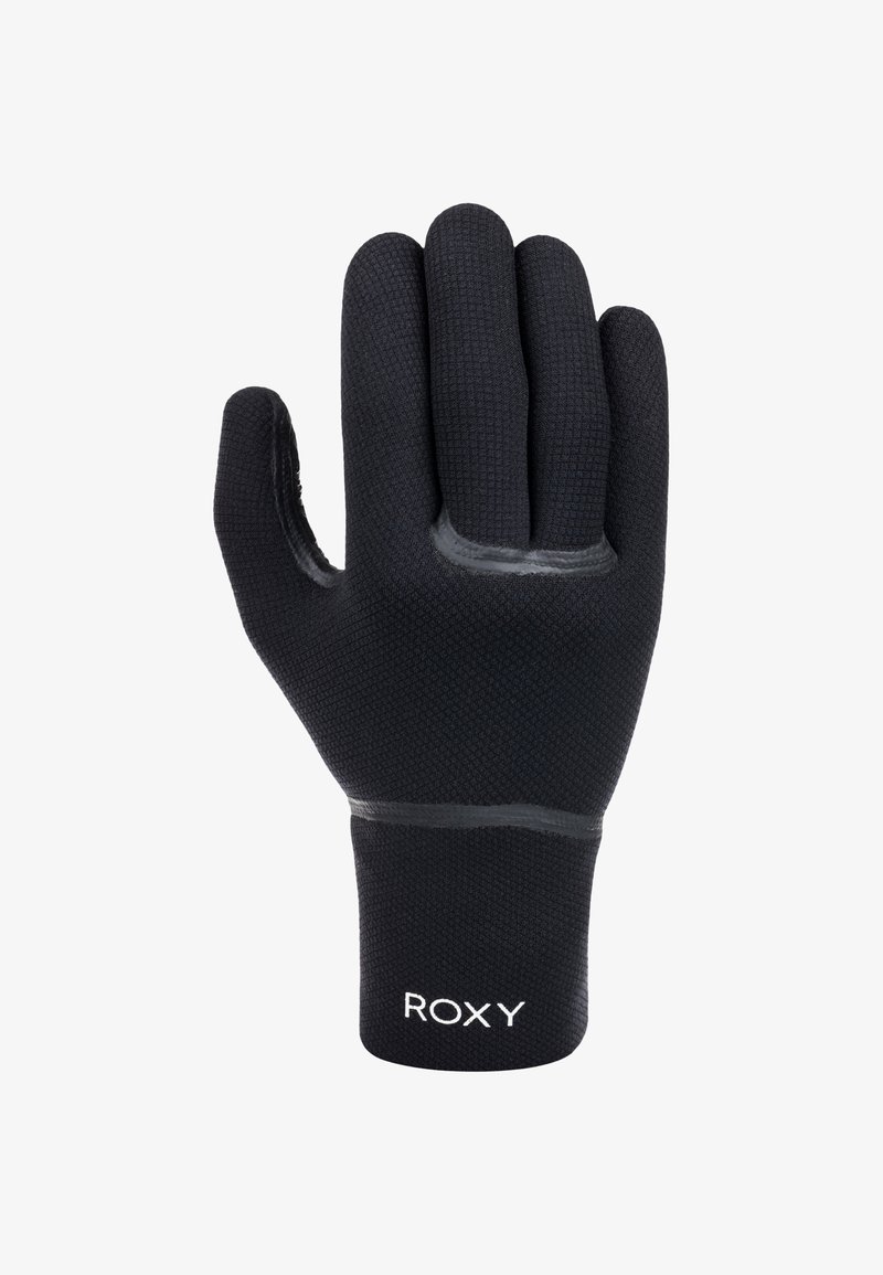 Čierne rukavice vyrobené z textúrovaného materiálu majú priliehavý strih s gumenými akcentmi a názvom značky "ROXY" na oblasti zápästia.