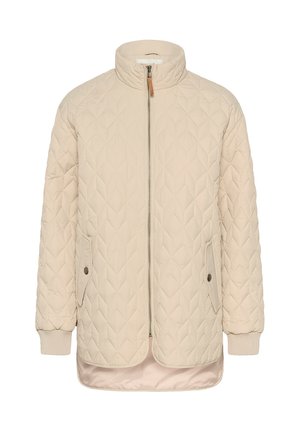 Beige gesteppte Jacke mit Stehkragen, frontalem Reißverschluss, Seitentaschen, gerippten Manschetten und einem glatten Innenfutter. Mit einem Diamantmuster.