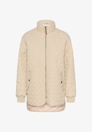 Bežna jakna s kvadratnim šivom, stoječim ovratnikom, sprednjim zipom, stranskimi žepi, rebrastimi manšetami in gladko notranjo podlogo. Ima diamantni vzorec.