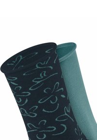 Zwei Paar Socken: ein schwarzes Paar mit türkisfarbenen Blumenmustern und ein einfarbiges türkises Paar. Beide haben eine gerippte Textur und ein glattes Finish.