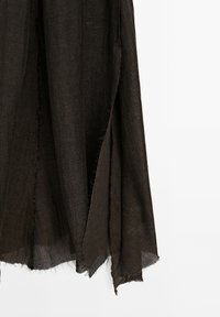 Dark brown, lightweight fabric drapes with a soft texture; features raw, frayed edges and straight cuts with minimal structure.