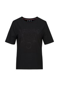 Schwarzes T-Shirt mit kurzen Ärmeln aus Baumwolle, das einen strukturierten Grafikdruck mit "1969 ITALIA" und Symbol aus Strasssteinen zeigt.