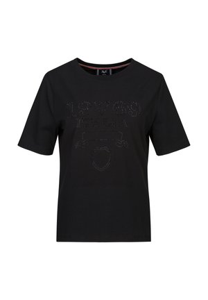 Black short-sleeve t-shirt made of cotton, featuring a textured graphic print with "1969 ITALIA" and symbol in rhinestones.