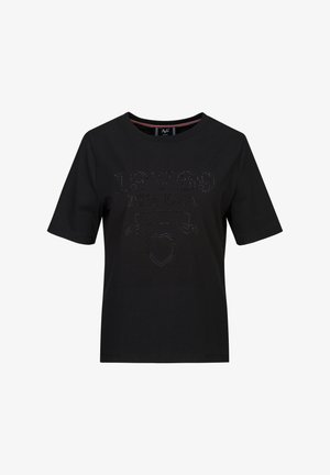 Zwarte T-shirt met korte mouwen van katoen, voorzien van een gestructureerde grafische print met "1969 ITALIA" en een symbool in rhinestones.