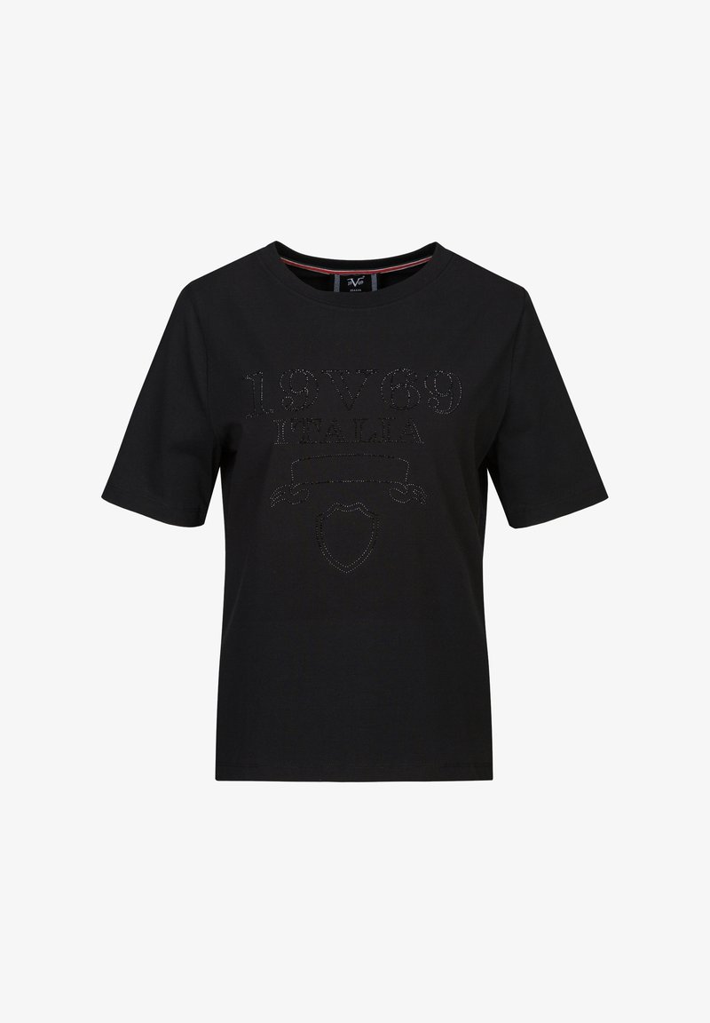 Schwarzes T-Shirt mit kurzen Ärmeln aus Baumwolle, das einen strukturierten Grafikdruck mit "1969 ITALIA" und Symbol aus Strasssteinen zeigt.