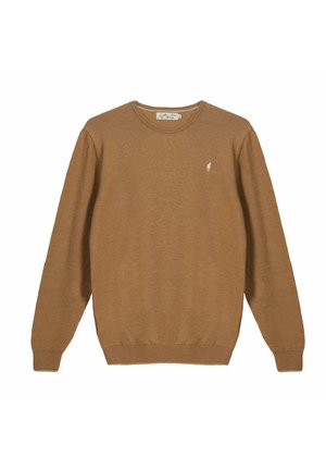 Pull marron à manches longues avec col rond, poignets et ourlet côtelés, petit logo blanc brodé sur le côté gauche de la poitrine.