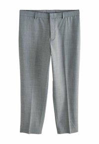 Pantalones grises de un tejido texturizado. Presenta un corte frontal plano, bolsillos laterales y presillas para cinturón, con un diseño de pierna recta.