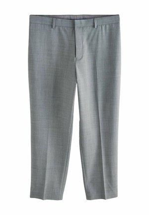 Pantalones grises de un tejido texturizado. Presenta un corte frontal plano, bolsillos laterales y presillas para cinturón, con un diseño de pierna recta.