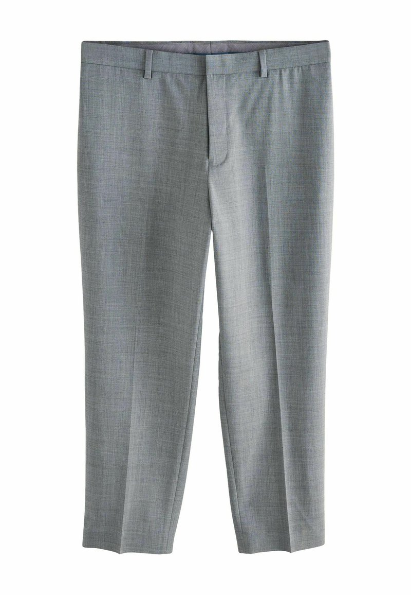 Pantalones grises de un tejido texturizado. Presenta un corte frontal plano, bolsillos laterales y presillas para cinturón, con un diseño de pierna recta.