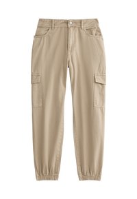 Beżowe spodnie cargo z elastycznymi mankietami, dwiema kieszeniami bocznymi, gładkiego materiału bawełnianego i z zapięciem na guzik w talii.