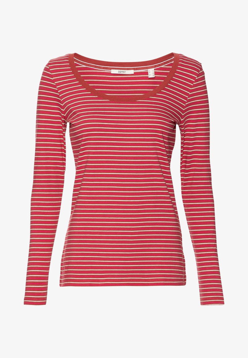 Långärmad röd randig t-shirt med bred halsringning. Har vita och beige horisontella ränder samt en mjuk, lätt tygkänsla.