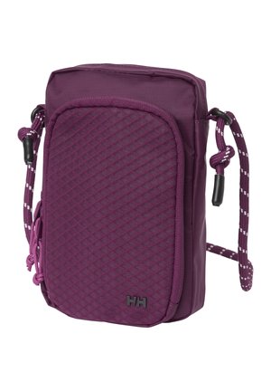 Pequeño bolso morado de bandolera con bolsillo delantero texturizado, correa de cuerda ajustable con extremos de plástico negro y logo "HH" en el bolsillo delantero.