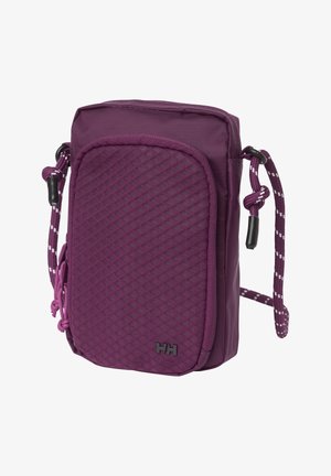 Pequeño bolso morado de bandolera con bolsillo delantero texturizado, correa de cuerda ajustable con extremos de plástico negro y logo "HH" en el bolsillo delantero.